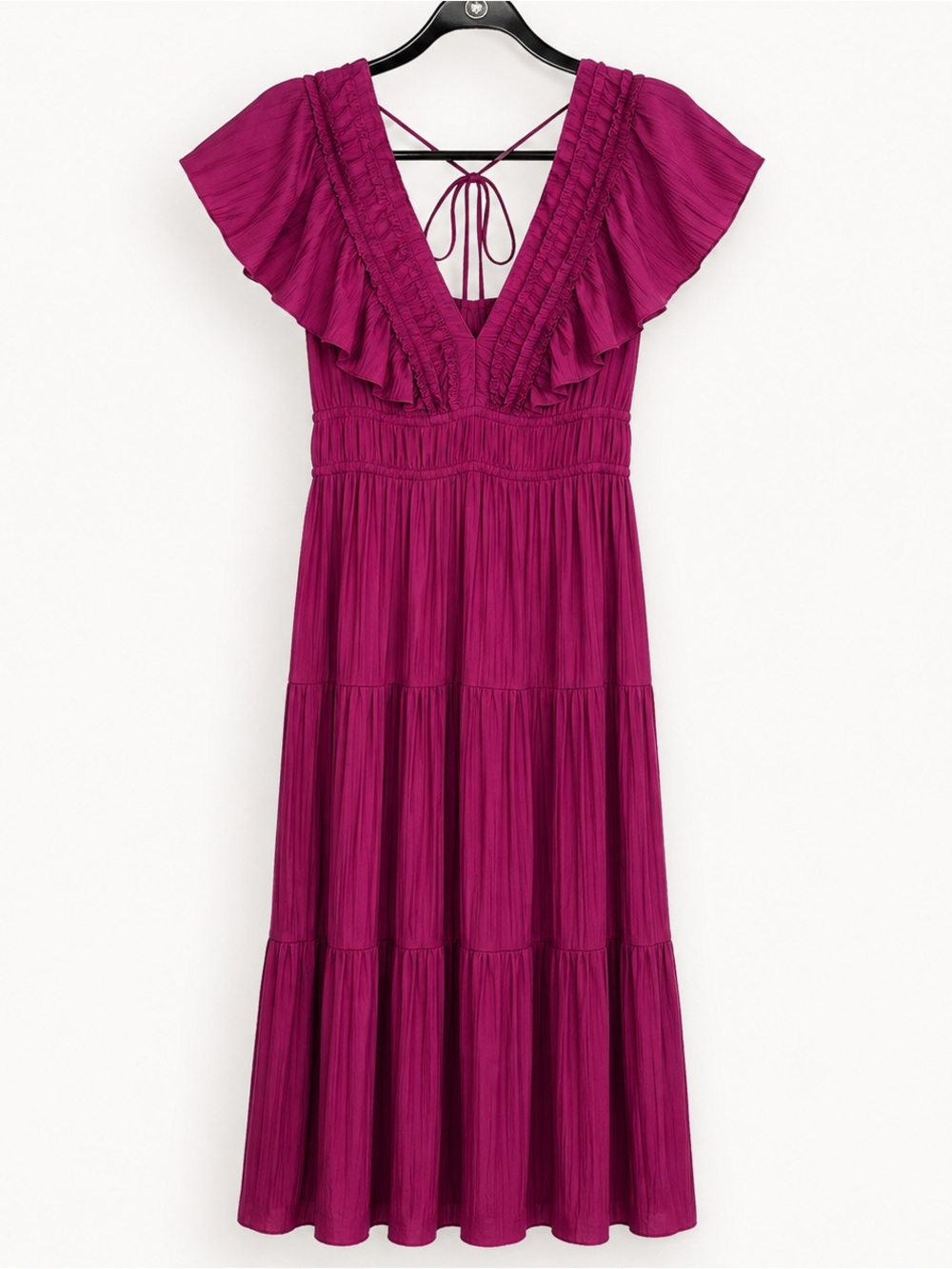 Anthropologie Plum Magenta Tiered Ruffle Midi Dress and Cutout Back Size XS